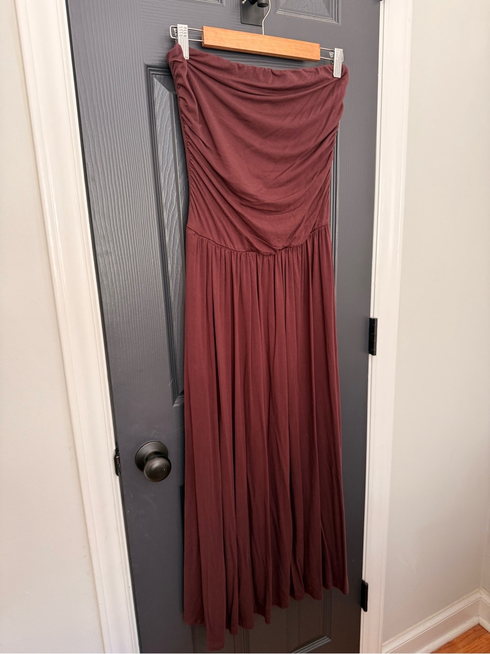 BTFBM | Brown Strapless Ruched Maxi Dress